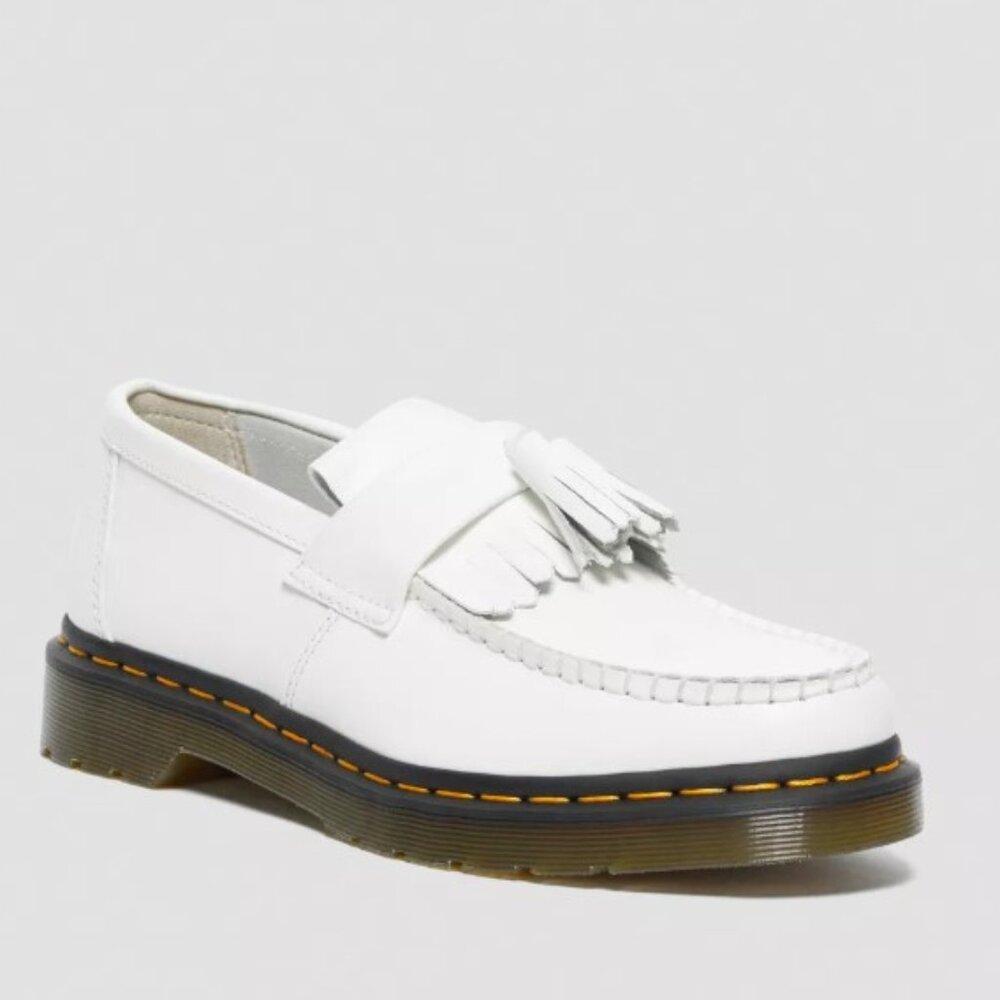 Dr. Martens Adrian Yellow Stitch Leather Tassel Loafers in White Adrian Yellow